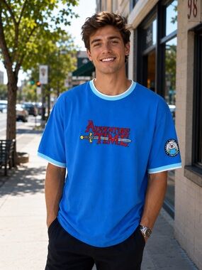 Adventure Time BoxLunch Ringer T-shirt 3XL Blue Embroidered Logo Finn Rare Size